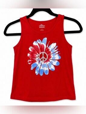 Celebrate Patriotic Kids Tank Top L 10-12 Red Peace Flower Glitter 4th of July